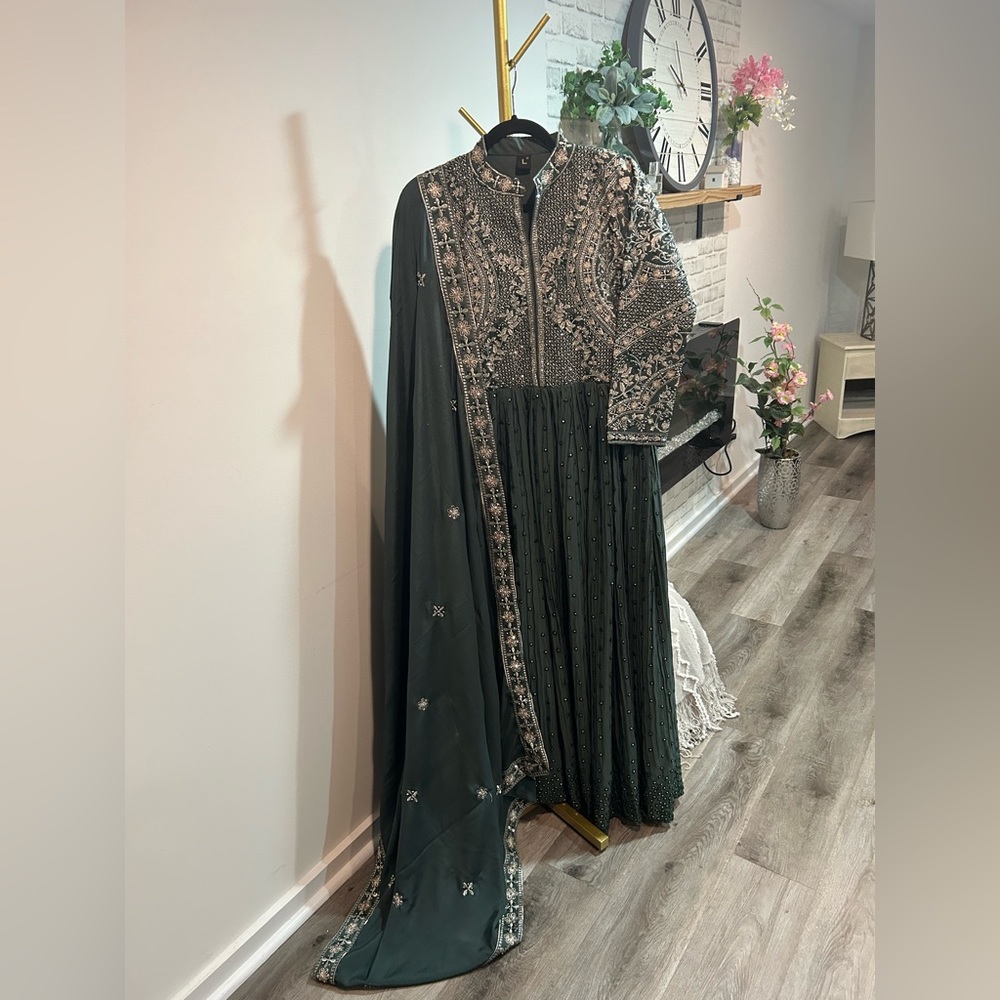 Olive green long dress / gown fully embroidered front and back